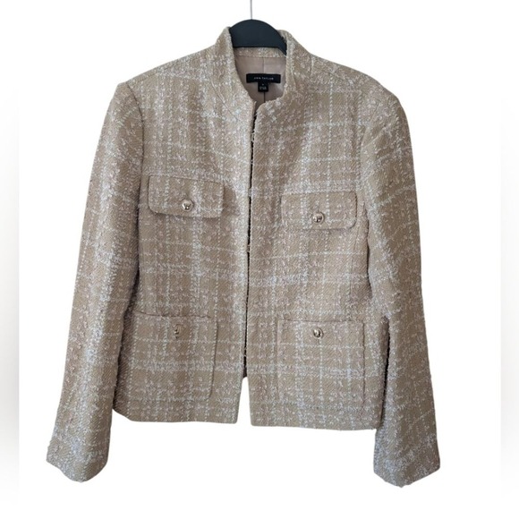 Ann Taylor Stand Collar Tweed Beige Classic Preppy Jacket Blazer Size 14 - Picture 2 of 10